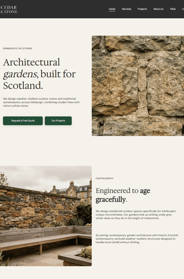 Traditional stonemasonry architectural garden wall in Edinburgh with modern wooden seating and native stone.