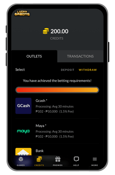 lucky sabong withdrawal section screen