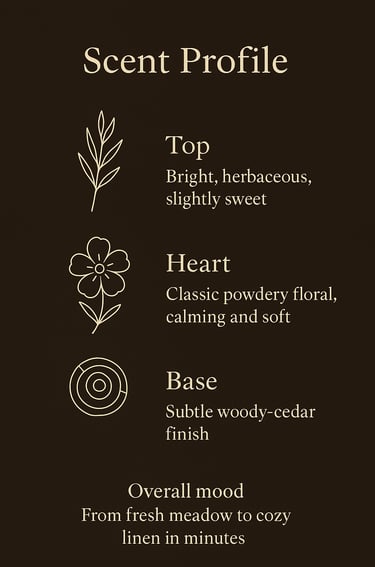 Scent chart showing lavender top, vetiver heart, chamomile base, 6h longevity on pillow fabric