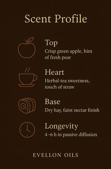 Scent chart: apple top, herbal heart, hay base, 4-6h longevity in diffusion.