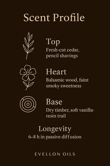 Scent chart with cedar top, balsamic wood heart, timber base, 6-8h passive diffusion