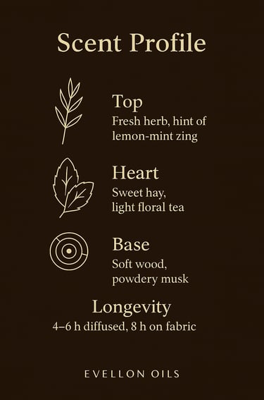 Scent chart with fresh herb top, hay heart, soft wood base, 4-6h diffusion, 8h fabric life