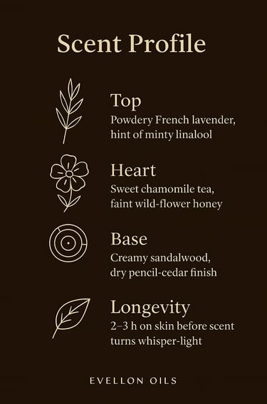 Scent chart with powdery lavender top, chamomile heart, sandalwood base, 2-3h skin wear
