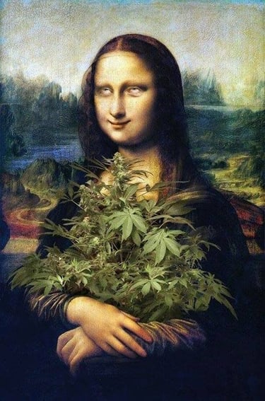 mona lisa medio loca sosteniendo una planta de cogollos
