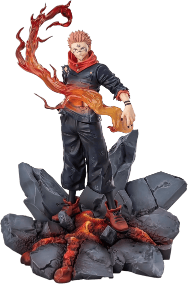 Sukuna Jujutsu Kaisen anime figure standing on rocky debris with swirling fire effects.