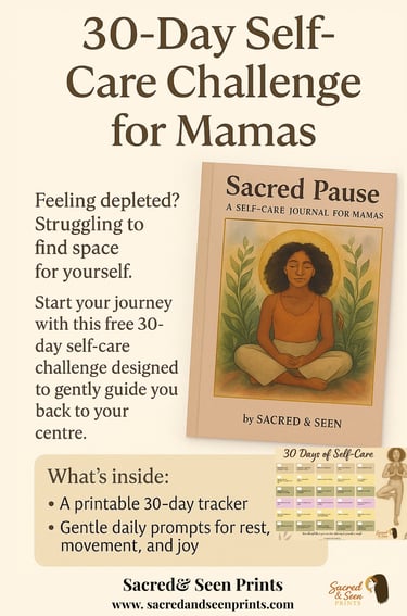 Promotional graphic for a 30-day self-care challenge for mamas featuring the Sacred Pause journal and printable tracker.