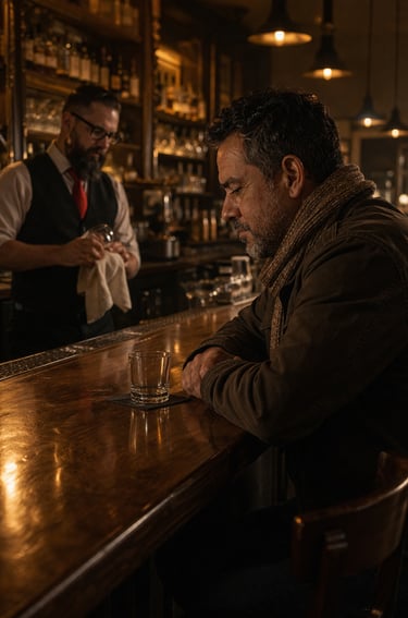Hombre solo en un bar mientras la canción que me devolvió a ti despierta recuerdos