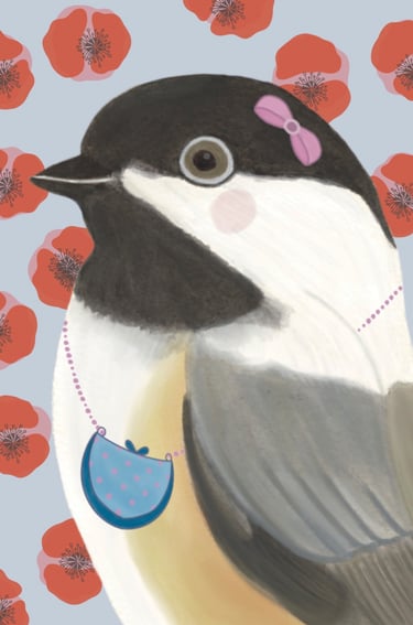 Illustration of a cute chickadee bird wearing a pink bow and blue purse against a red poppy floral background.