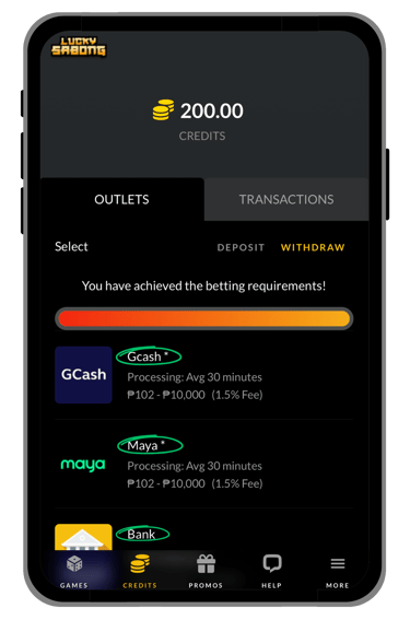 goperya withdrawal options screen