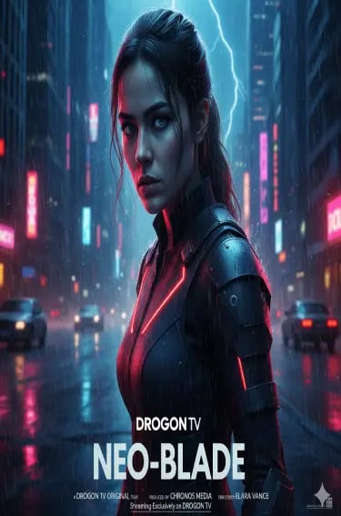 A futuristic woman in cyber armor stands in a neon-lit cyberpunk city under rain and lightning.