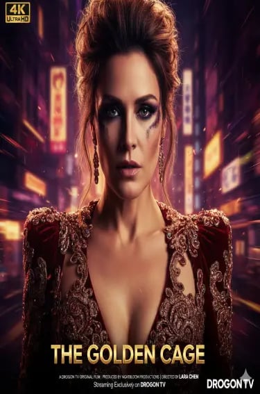 The Golden Cage movie poster featuring a woman in a velvet dress against a neon city background.