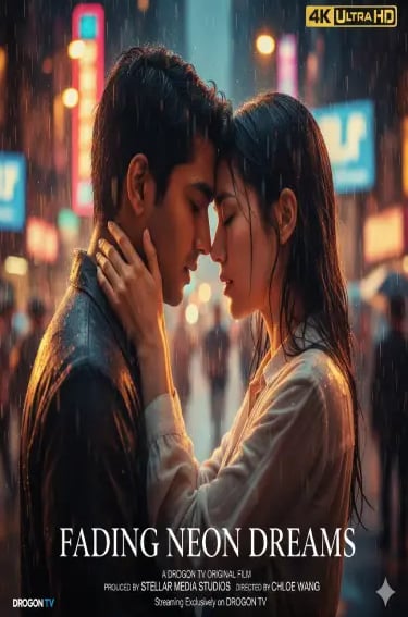 A romantic couple embraces in the rain under neon city lights in the Fading Neon Dreams movie poster.