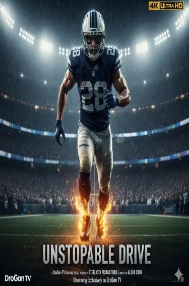 American football player in a blue jersey running on a stadium field with flaming cleats.