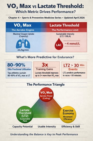 Infographic comparing VO₂ max and lactate threshold, showing VO₂ max as aerobic capacity (mL/kg/min)