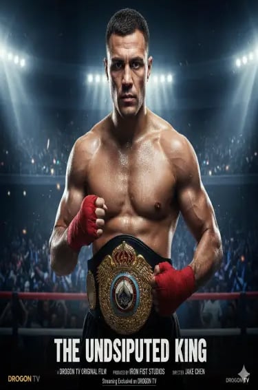 Professional boxer holding a championship belt in a packed arena for The Undisputed King movie poster.