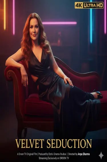 Redhead actress in a black gown on a velvet chaise lounge for the film Velvet Seduction.