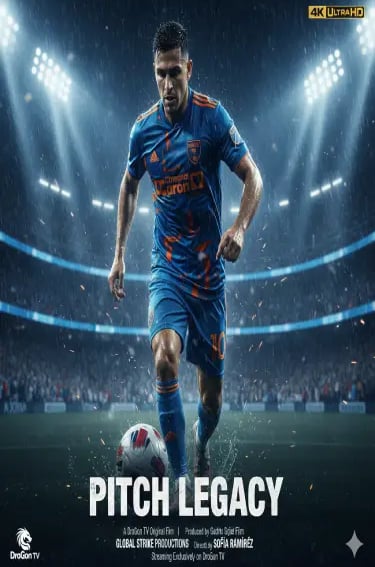 Professional soccer player in a blue jersey dribbling a ball on a stadium pitch for the film Pitch Legacy.
