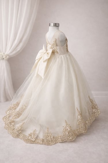 Elegante vestido de niña de fiesta en color crema, con bordado de encaje dorado y un gran moño atras