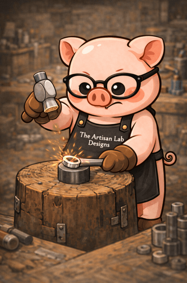 The Artisan Lab Designs mascot Milo is hammering the silver to shape its form