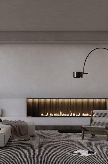 Minimalistic living room with a fireplace and a couch