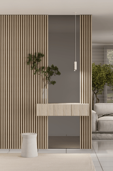 Wooden entrance room with a couch and a plant