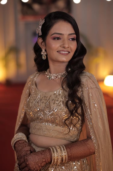 reception bride makeup and hairstyles look with golden chaniya choli and open duppatta r&d bridal