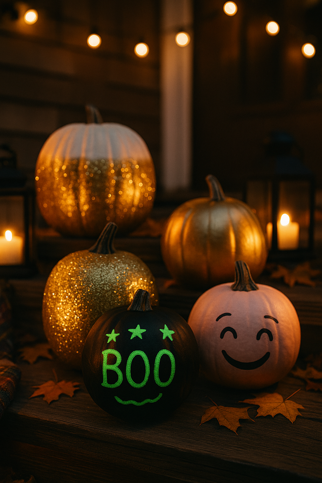 Glitter, metallic, and glow-in-the-dark painted pumpkins glowing on a porch with candles and string 