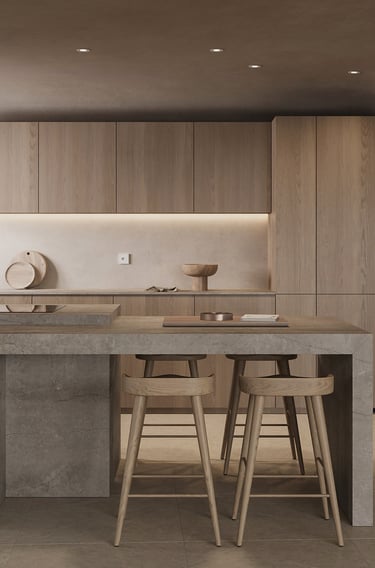 a kitchen with a counter top and a bar stool. Wabi- sabi