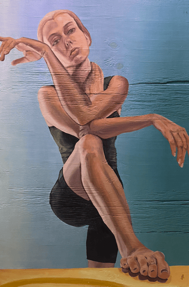 a painting of a woman with one foot resting on a table