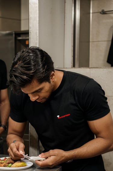 a man in a black shirt is eating food