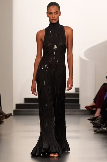 Ralph Lauren Spring/Summer 2026 black halter neck embellished gown on the runway.