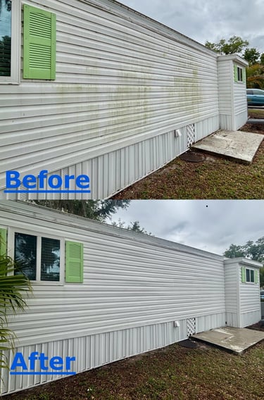 Before and after soft wash cleaning of mobile home siding removing mildew and algae