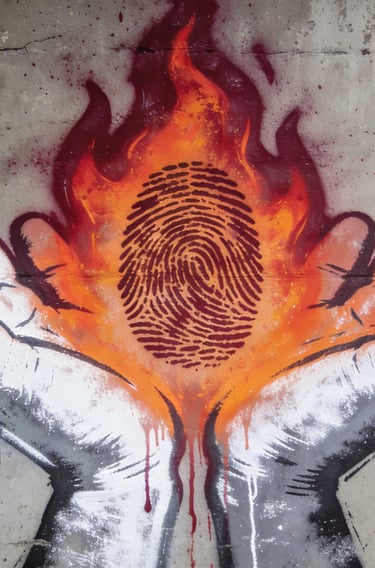 Two palms facing upwards holding a flame with a human fingerprint
