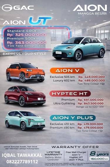 GAC Aion electric car price list in Indonesia featuring Aion UT, V, Hyptec HT, and Y Plus models.