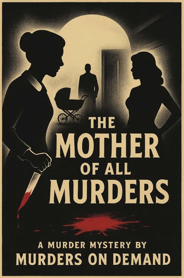 Vintage thriller poster for The Mother of All Murders mystery featuring silhouettes and a bloody knife.