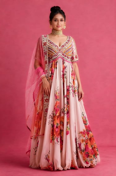 Ivory Multi Printed Anarkali Set