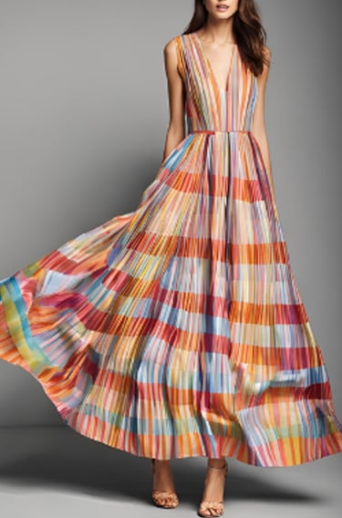 a woman in a colorful stripes dress with a colorful dress