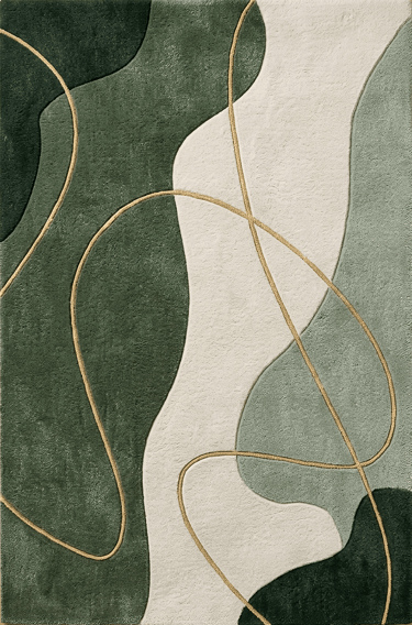 Modern abstract organic wave hand-tufted rug in forest green, sage, and cream with gold line accents