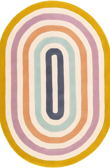 Modern retro capsule oval hand-tufted rug with colorful concentric bands in pastel colors