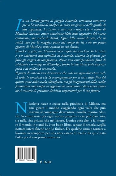 retro del libro su sfondo blu che riporta la sinossi e la biografia dell'autrice