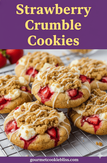 A close-up of several moist strawberry crumble cookies cooling on a wire rack, each generously toppe