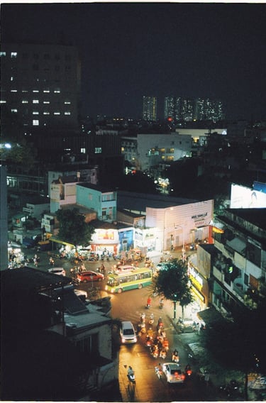 Night sky view over Saigon China town shot on film