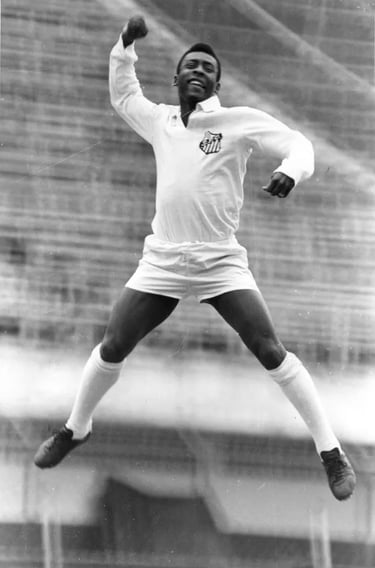 a man jumping in the air with a soccer ball, this is pelé