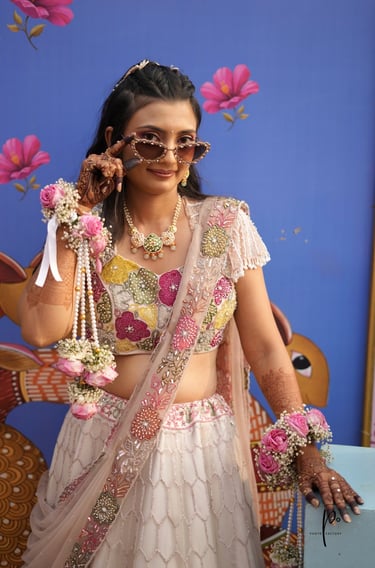 Modern haldi bride with soft glam makeup in Vadodara