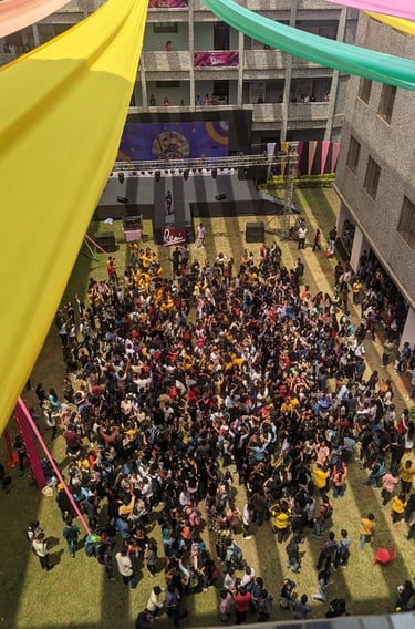 a large group of people gathered in a courtyard