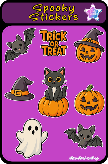 Halloween sticker sheet full of individual sticker such as bats, cats, ghost and pumpkins cute