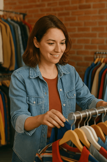 Femme dans un magasin de vêtements d'occasion pour la journée mondiale