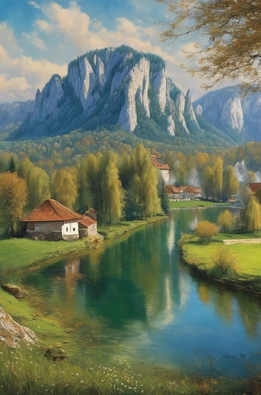 a painting of a mountain scene with a river and a church