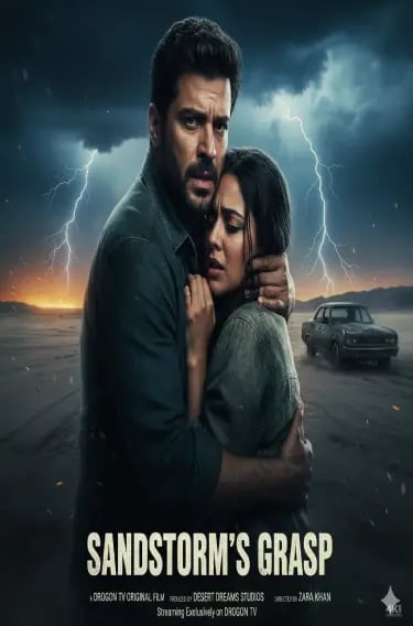 Movie poster for Grasp featuring a man and woman embracing during a dramatic desert lightning storm.