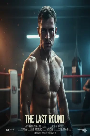 Muscular boxer standing in a boxing ring for The Last Round movie poster with dramatic gym lighting.